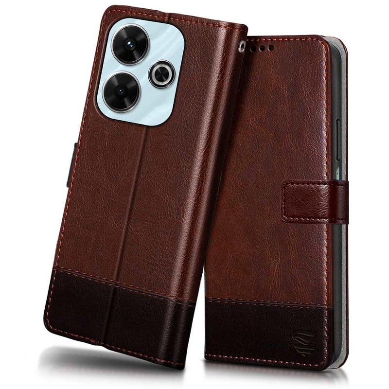 FLIPPED Vegan Leather Flip Case Back Cover for Mi Redmi 13 5G | Poco M6 Plus 5G (Flexible, Shock Proof | Hand Stitched Leather Finish | Card Pockets Wallet & Stand | Brown with Coffee) - Image 1
