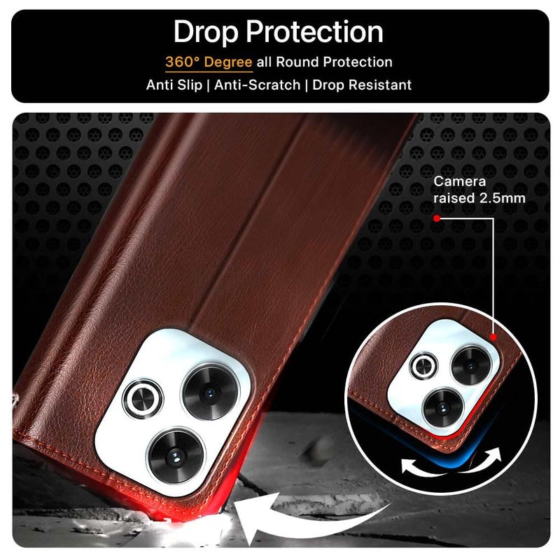 FLIPPED Vegan Leather Flip Case Back Cover for Mi Redmi 13 5G | Poco M6 Plus 5G (Flexible, Shock Proof | Hand Stitched Leather Finish | Card Pockets Wallet & Stand | Brown with Coffee) - Image 5