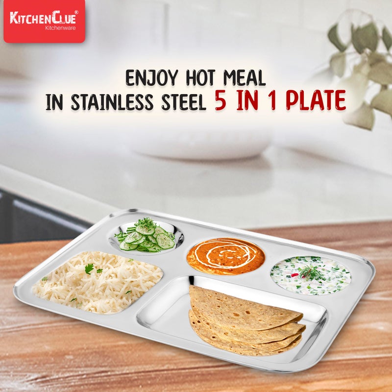 KITCHEN CLUE Stainless Steel Designer Dinner Plates For Kitchen & Dining (Set Of 6 Pcs, 35cm Dia, Design- TREE) 304 Grade Steel 5 In 1 Compartment Plates/Partition Plate/Bhojan Thali - Durable & Safe - Image 3