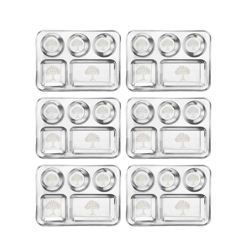KITCHEN CLUE Stainless Steel Designer Dinner Plates For Kitchen & Dining (Set Of 6 Pcs, 35cm Dia, Design- TREE) 304 Grade Steel 5 In 1 Compartment Plates/Partition Plate/Bhojan Thali - Durable & Safe - Image 1
