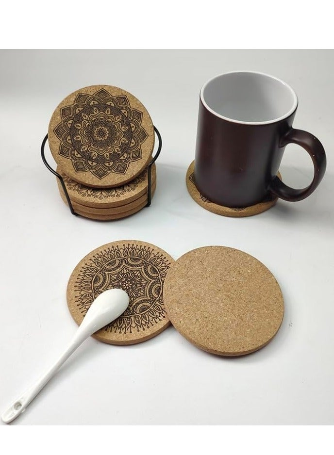 Loquat Set of 12 Mandala Pattern Cork Drink Coasters with Metal Holder, Reusable for Kitchen, Home, Office - Image 3