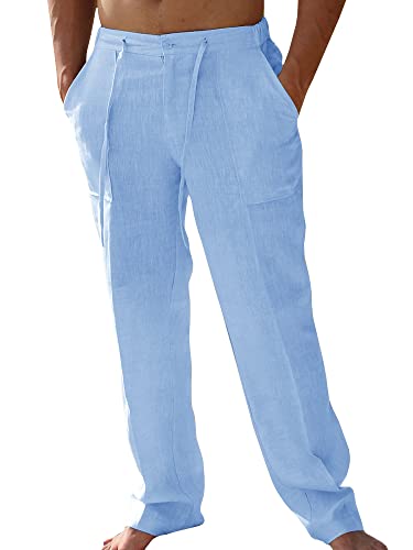 PASLTER Mens Casual Linen Pants Loose Fit Straight-Legs Elastic Drawstring Waist Summer Beach Yoga Long Pants A-Blue - Image 5