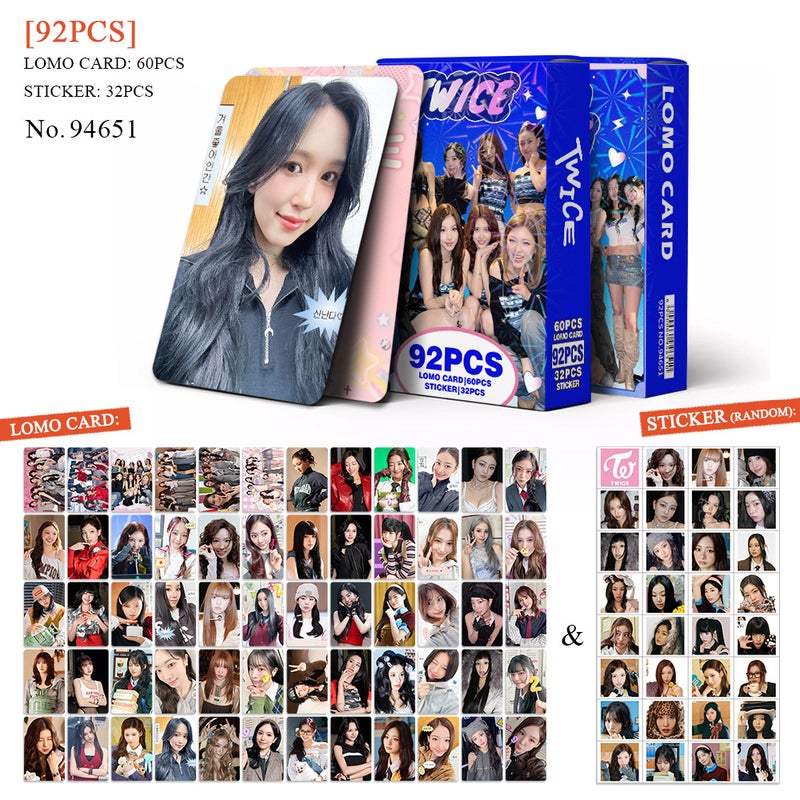 TWICE لوموكارد & مجموعة ملصقات – 92 قطعة (60 لوموكارد + 32 ملصق عشوائي) | مجموعة بطاقات صور جمالية للمشجعين