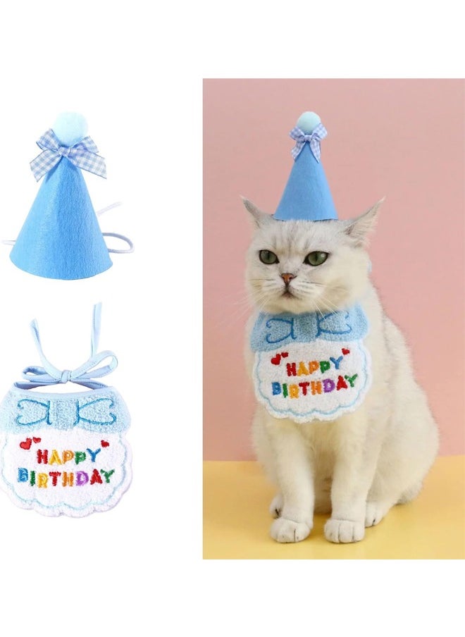 rocooart Dog and Cat Birthday Hat and Belt Set, Cute Pet Birthday Party Supplies Decoration Kit, Embroidered Birthday Gift for Girls Boys Kittens Blue  - Image 1
