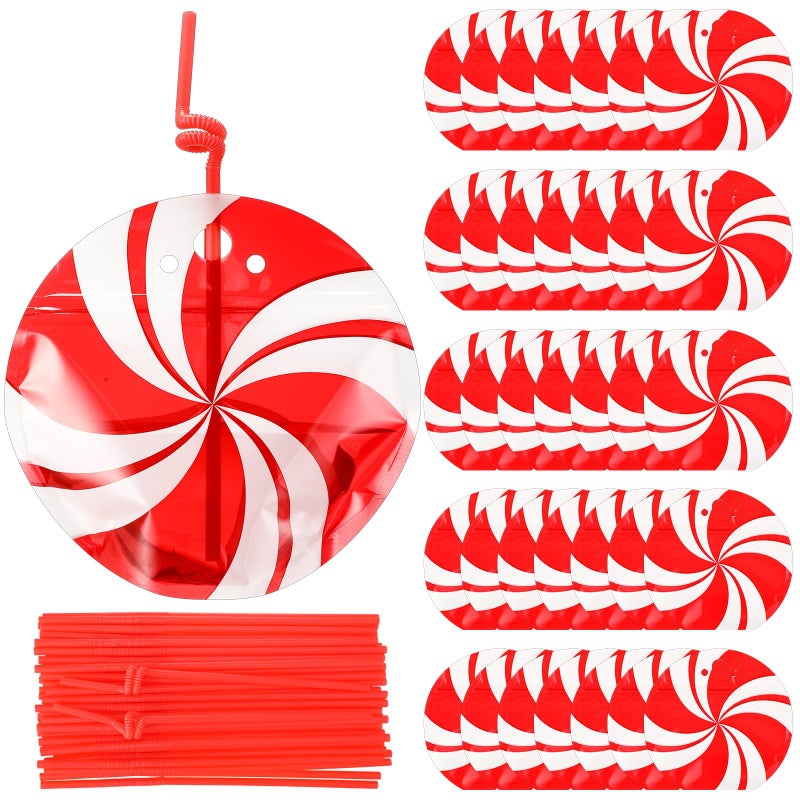 Jingmore 50 Set 8 oz Drink Pouches with Straws Heavyduty Zipper Reclosable Liquor Smoothie Bags Cute Treat Packing Bags for Festive Parties DIY Gifts Daily UseCandyRed and White - Image 2