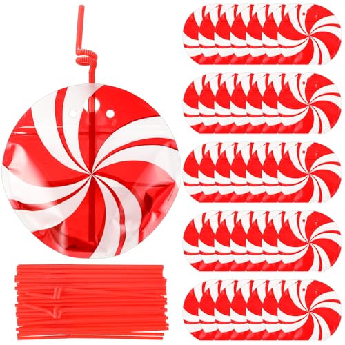 Jingmore 50 Set 8 oz Drink Pouches with Straws Heavyduty Zipper Reclosable Liquor Smoothie Bags Cute Treat Packing Bags for Festive Parties DIY Gifts Daily UseCandyRed and White - Image 1