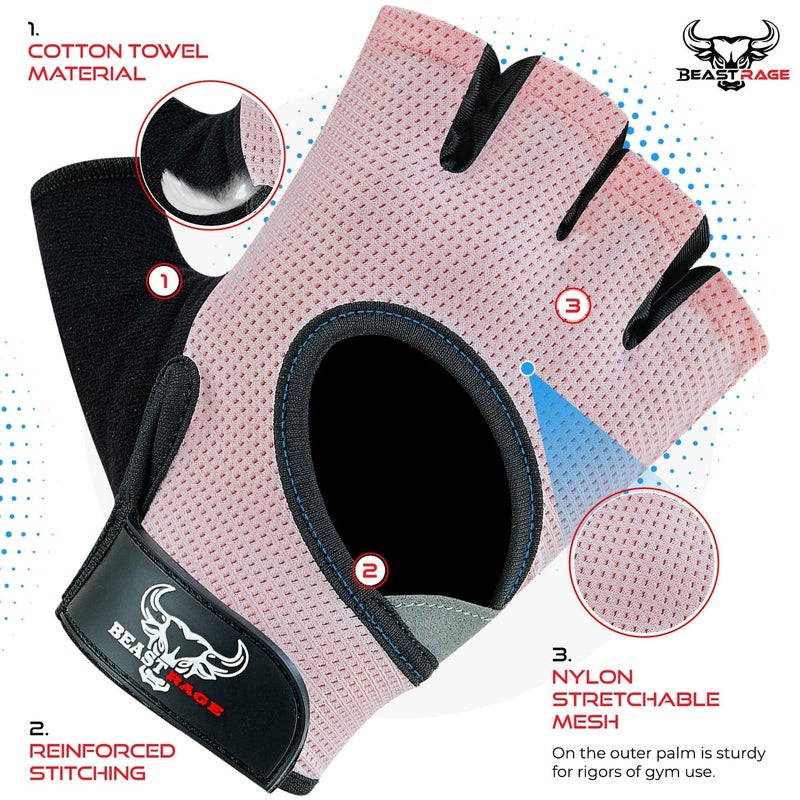 BEAST RAGE Pink Medium Women's Gym Gloves, Weight Lifting, Cycling, Non-Slip, Anti-Slip, Breathable, Lightweight, Fingerless, Palm Protection, Velcro Wrist Closure - Image 2