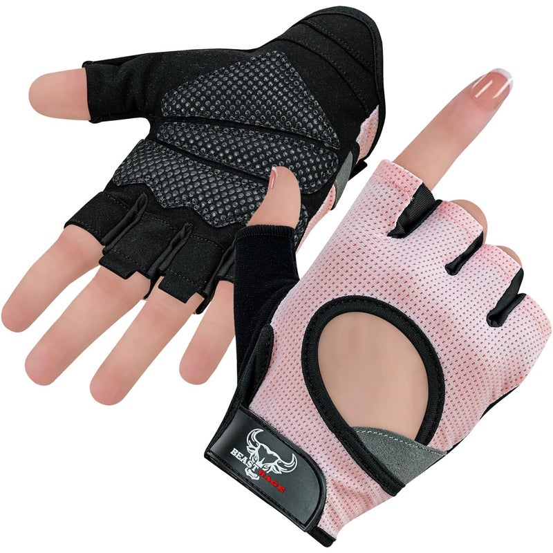 BEAST RAGE Pink Medium Women's Gym Gloves, Weight Lifting, Cycling, Non-Slip, Anti-Slip, Breathable, Lightweight, Fingerless, Palm Protection, Velcro Wrist Closure - Image 1