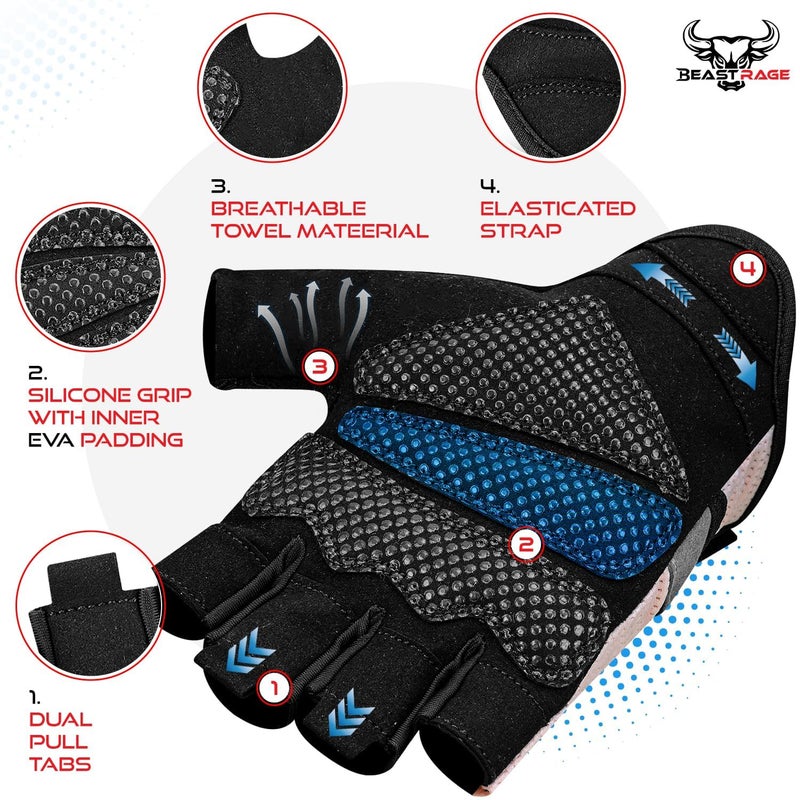 BEAST RAGE Pink Medium Women's Gym Gloves, Weight Lifting, Cycling, Non-Slip, Anti-Slip, Breathable, Lightweight, Fingerless, Palm Protection, Velcro Wrist Closure - Image 3