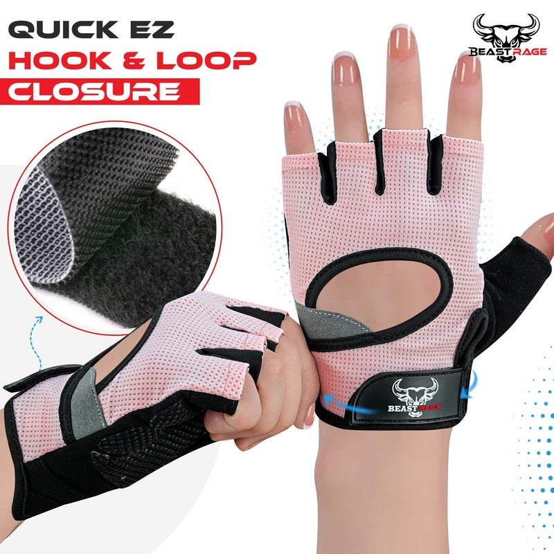 BEAST RAGE Pink Medium Women's Gym Gloves, Weight Lifting, Cycling, Non-Slip, Anti-Slip, Breathable, Lightweight, Fingerless, Palm Protection, Velcro Wrist Closure - Image 5