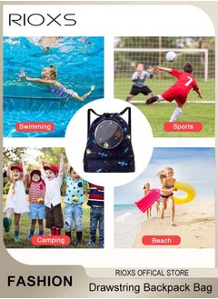 RIOXS Drawstring Backpack Bag, Waterproof Beach Pack With Shoe Compartment, Kid Swim Bag, Sports Gym Backpack For Girls and Boys, Dry Wet Separated Swimming Bag With Adjustable Straps  - Image 5