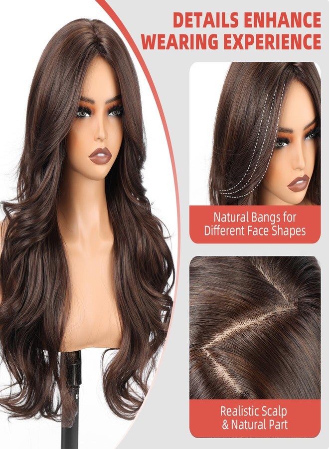 Allbell Brown Wigs for Women, 4x4 Realistic Scalp, Free Parting, 22 Inch Long Curly Synthetic Hair Wig with Curtain Bangs for Daily Use - Image 3
