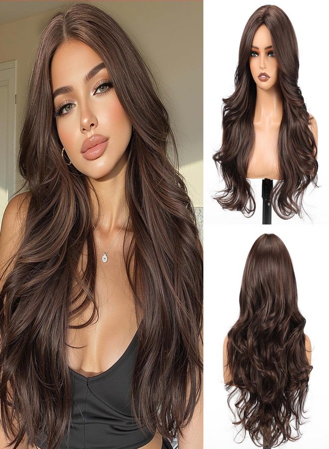 Allbell Brown Wigs for Women, 4x4 Realistic Scalp, Free Parting, 22 Inch Long Curly Synthetic Hair Wig with Curtain Bangs for Daily Use - Image 1