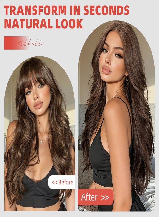Allbell Brown Wigs for Women, 4x4 Realistic Scalp, Free Parting, 22 Inch Long Curly Synthetic Hair Wig with Curtain Bangs for Daily Use - Image 2