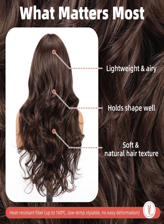 Allbell Brown Wigs for Women, 4x4 Realistic Scalp, Free Parting, 22 Inch Long Curly Synthetic Hair Wig with Curtain Bangs for Daily Use - Image 4