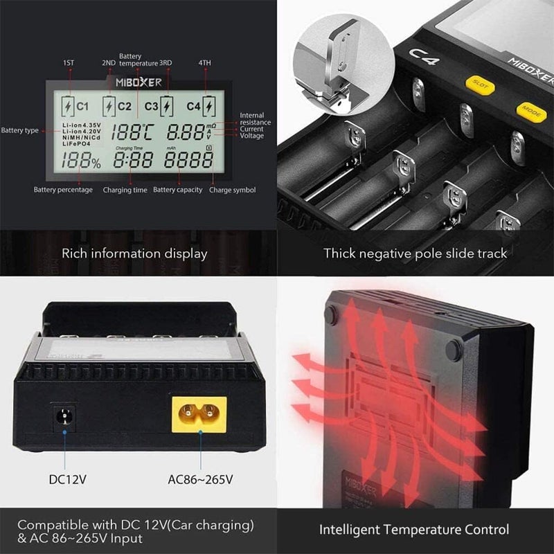 شاحن بطارية 18650، شاحن MiBOXER الذكي العالمي ذو 4 فتحات، شاشة LCD تلقائية، شحن سريع لبطاريات الليثيوم أيون LiFePO4 Ni-MH Ni-Cd AA AAA C 18350 18500 18700 20700 21700 26650 RCR123 القابلة لإعادة الشحن - Image 4