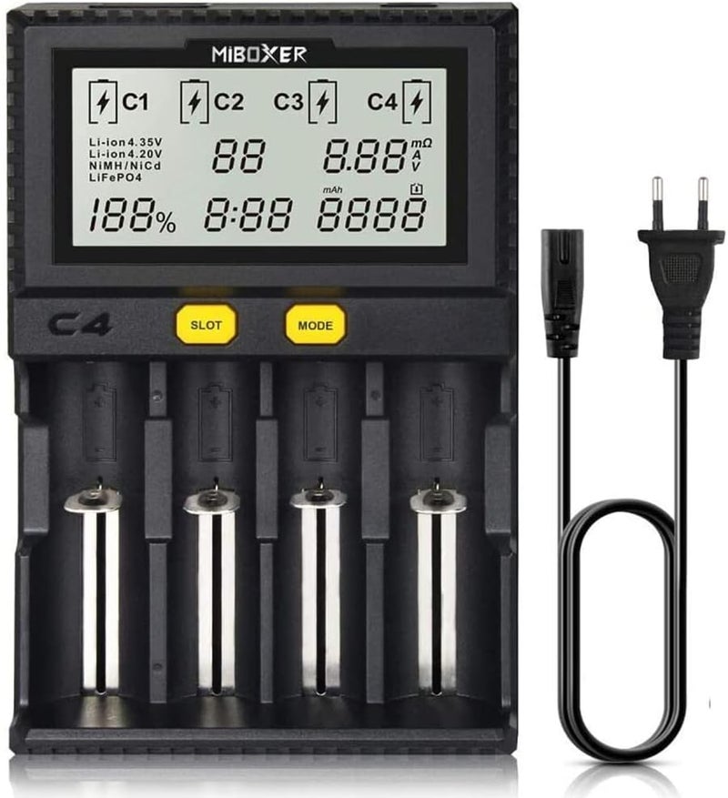 شاحن بطارية 18650، شاحن MiBOXER الذكي العالمي ذو 4 فتحات، شاشة LCD تلقائية، شحن سريع لبطاريات الليثيوم أيون LiFePO4 Ni-MH Ni-Cd AA AAA C 18350 18500 18700 20700 21700 26650 RCR123 القابلة لإعادة الشحن - Image 1