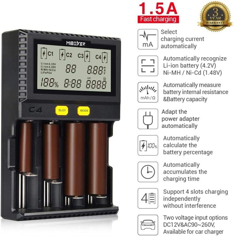 شاحن بطارية 18650، شاحن MiBOXER الذكي العالمي ذو 4 فتحات، شاشة LCD تلقائية، شحن سريع لبطاريات الليثيوم أيون LiFePO4 Ni-MH Ni-Cd AA AAA C 18350 18500 18700 20700 21700 26650 RCR123 القابلة لإعادة الشحن - Image 2