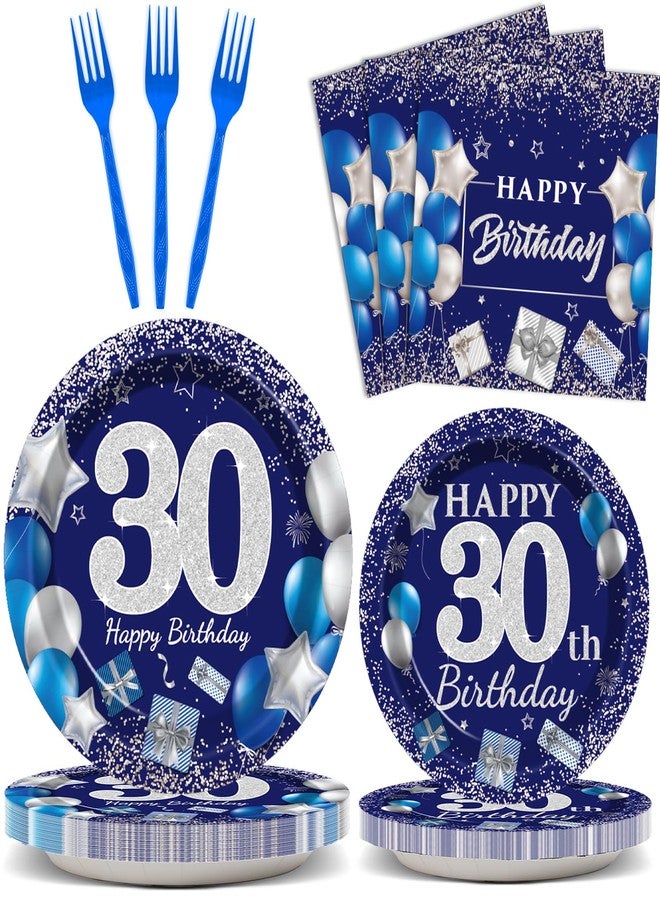 Wiooffen 96 Pcs 30th Birthday Party Supplies Navy Blue and Silver 30th Happy Birthday Party Paper Plates and Napkins Forks Tableware Set Blue Birthday Table Decorations for Man Woman, 24 Guests - Image 1