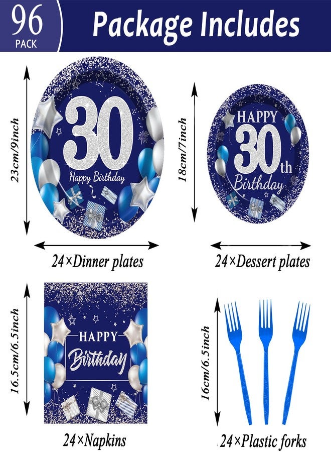 Wiooffen 96 Pcs 30th Birthday Party Supplies Navy Blue and Silver 30th Happy Birthday Party Paper Plates and Napkins Forks Tableware Set Blue Birthday Table Decorations for Man Woman, 24 Guests - Image 2