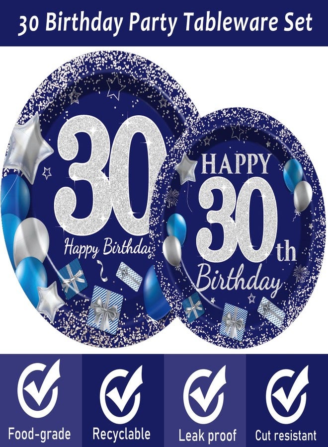 Wiooffen 96 Pcs 30th Birthday Party Supplies Navy Blue and Silver 30th Happy Birthday Party Paper Plates and Napkins Forks Tableware Set Blue Birthday Table Decorations for Man Woman, 24 Guests - Image 3
