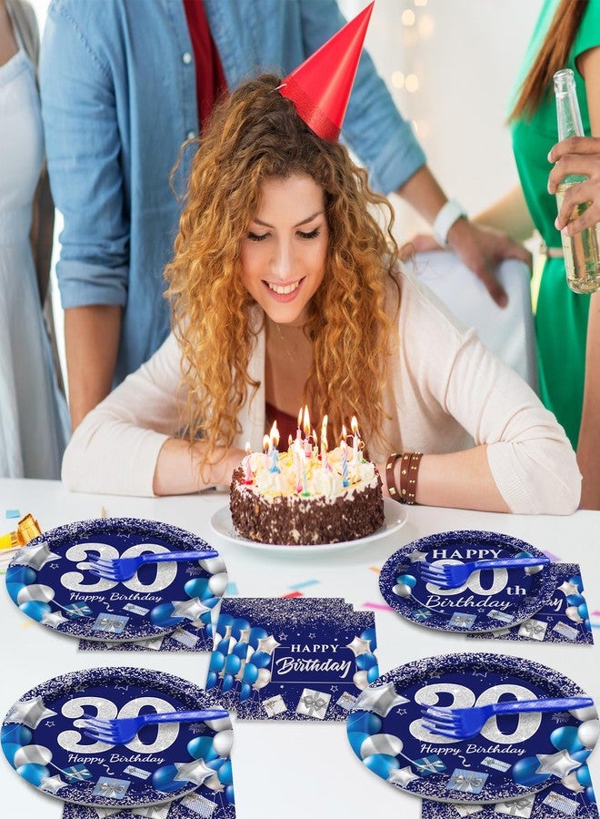 Wiooffen 96 Pcs 30th Birthday Party Supplies Navy Blue and Silver 30th Happy Birthday Party Paper Plates and Napkins Forks Tableware Set Blue Birthday Table Decorations for Man Woman, 24 Guests - Image 5