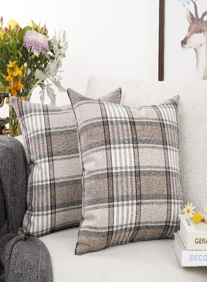 YOUR SMILE Retro Farmhouse Outdoor Buffalo Tartan Chequer Plaid Cotton Linen Decorative Throw Pillow Case Cushion Cover Pillowcase for Sofa 18 x 18 Inch, Set of 2, Khaki/Stripe - Image 2