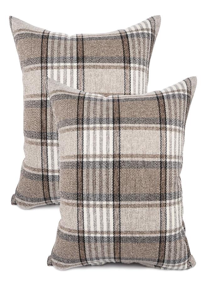 YOUR SMILE Retro Farmhouse Outdoor Buffalo Tartan Chequer Plaid Cotton Linen Decorative Throw Pillow Case Cushion Cover Pillowcase for Sofa 18 x 18 Inch, Set of 2, Khaki/Stripe - Image 1