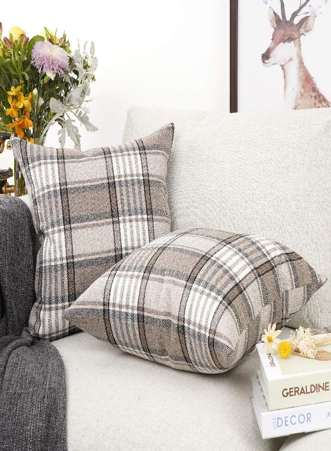 YOUR SMILE Retro Farmhouse Outdoor Buffalo Tartan Chequer Plaid Cotton Linen Decorative Throw Pillow Case Cushion Cover Pillowcase for Sofa 18 x 18 Inch, Set of 2, Khaki/Stripe - Image 3