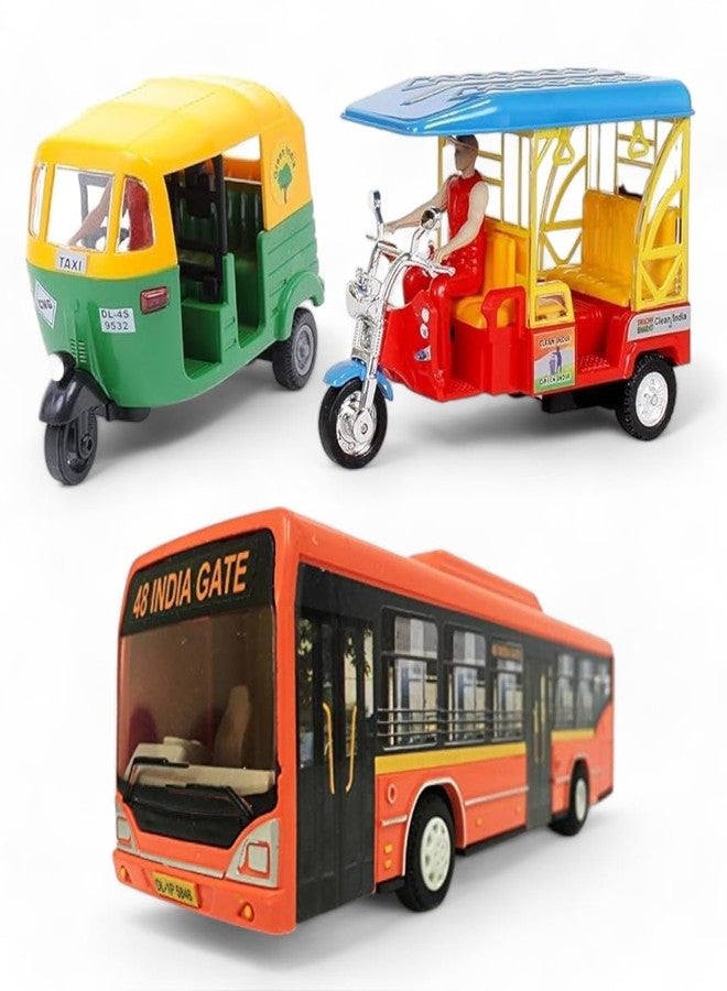 SARASI CNG Auto, Low Floor Bus & E-Rickshaw Combo for Kids, Pull Back, Durable Quality (Multicolor, Pack of: 3) - Image 1
