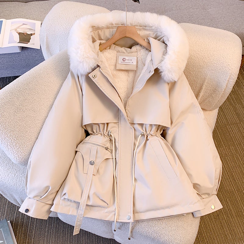 2023 Winter Velvet-Lined Womens Parka Coat Creamy-white