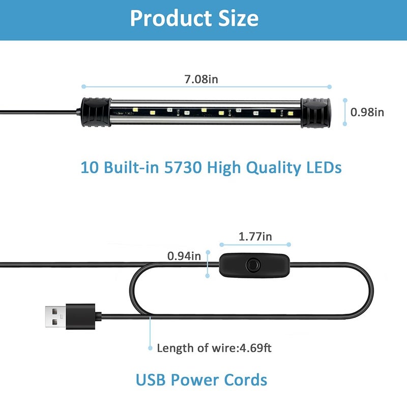 DaToo LED Aquarium Light 3 W Underwater USB Fish Tank Light Blue Submersible Aquarium Light 7in - Image 2