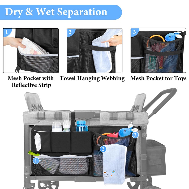 HODRANT Stroller Wagon Cargo Net, Stroller Wagon Accessories Organizer Compatible with WONDERFOLD All W-Series Models, Large Capacity Mesh Cargo Storage Net with Sorting Pockets for Dry Wet Separation - Image 4