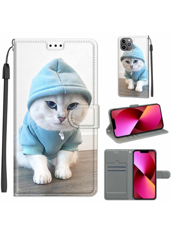 Case Cover For iPhone 13 Voltage Colored Drawing Magnetic Clasp Horizontal Flip PU Leather Case with Holder & Card Slots C15 Blue Sweater White Cat