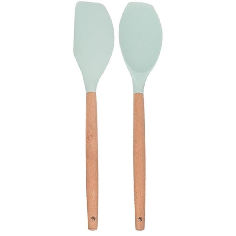 Sugalsu Silicone Spoon Wooden Handle Mixing Spoons Silicone Mixing Spoon for Cooking Baking Stirring Silicone Spoons Nonstick HeatResistant Kitchen Mixing Tools Set of 2 Green - Image 1