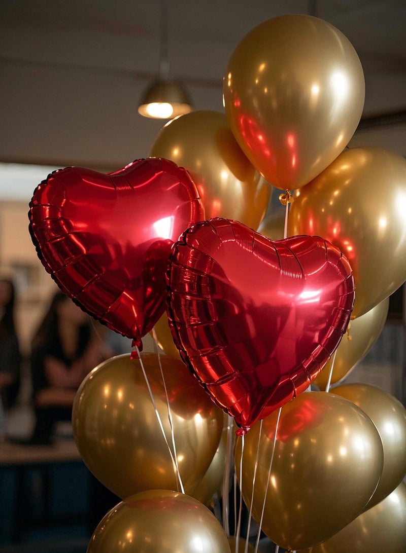 A Classic Combination of Red Heart-Shaped Aluminum Foil Balloons and Golden Latex Balloons for Weddings, Birthday Parties, Proposals, Party Decor (Pack of 12pcs) - Image 1