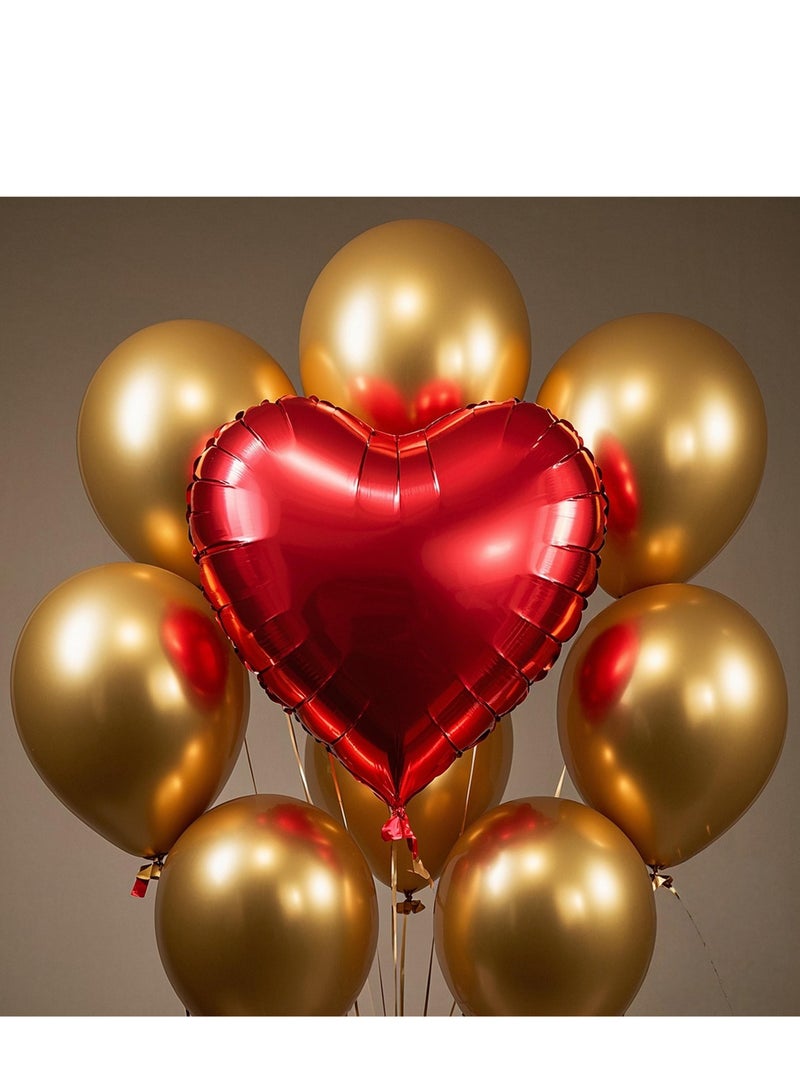 A Classic Combination of Red Heart-Shaped Aluminum Foil Balloons and Golden Latex Balloons for Weddings, Birthday Parties, Proposals, Party Decor (Pack of 12pcs) - Image 2