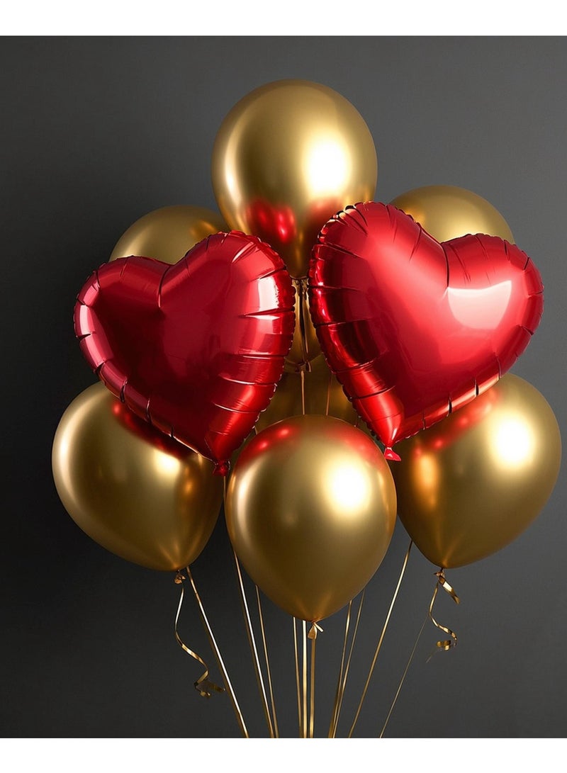 A Classic Combination of Red Heart-Shaped Aluminum Foil Balloons and Golden Latex Balloons for Weddings, Birthday Parties, Proposals, Party Decor (Pack of 12pcs) - Image 3