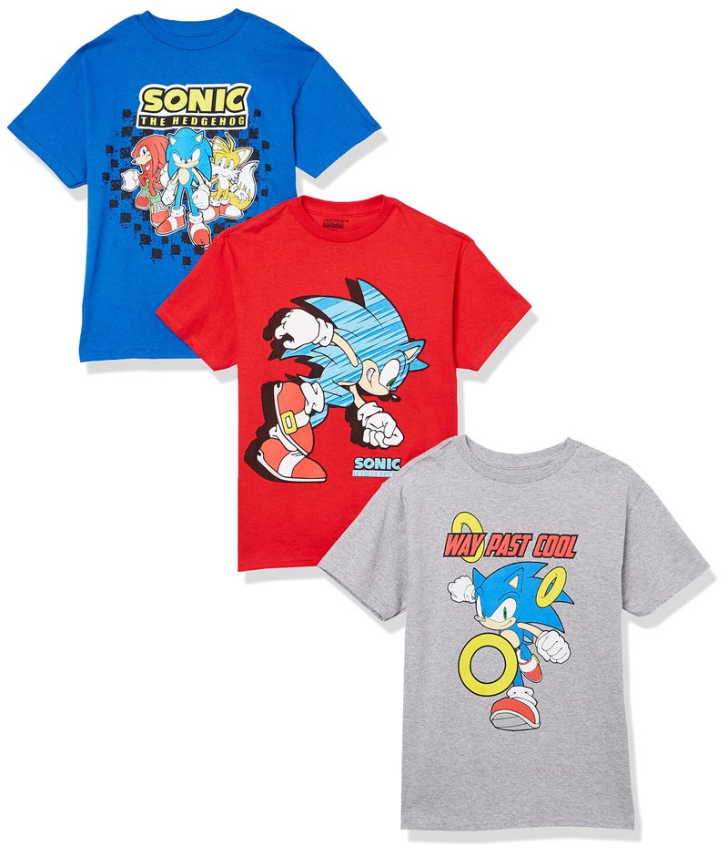 SEGA boys Sonic the Hedgehog 3-pack Tee Bundle, Sonic, Tails, Knuckle T Shirt, Red Heather Grey Royal, 7 US