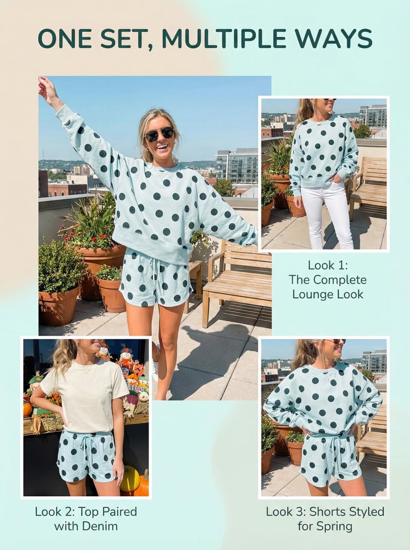 KevaMolly Womens Two Piece Lounge Sets Polka Dot Print Drop Shoulder Oversized Pullover Drawstring Shorts Set Sky Blue M - Image 2