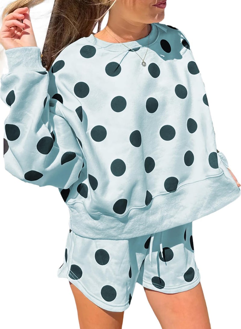 KevaMolly Womens Two Piece Lounge Sets Polka Dot Print Drop Shoulder Oversized Pullover Drawstring Shorts Set Sky Blue M - Image 1