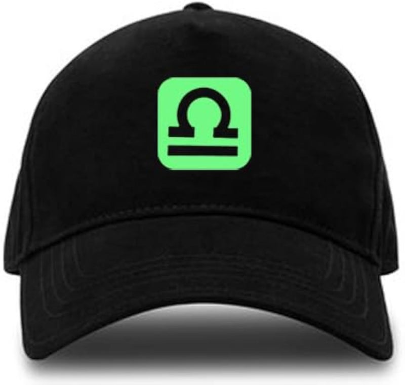Black Baseball Cap with Zodiac Libra Symbol, Neon Green Logo