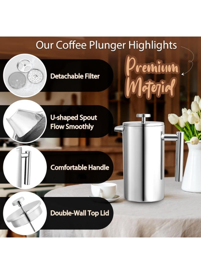 SYOSI Cafetiere French Press, Stainless Steel Coffee Press, 350ml/12oz Double-Wall Coffee Maker with 3-Level Filtration System and 3 Extra Filter Screens for Home, Office, Insulated (Silver) - Image 5
