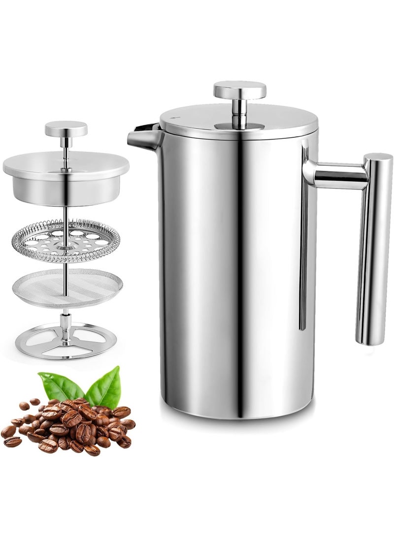 SYOSI Cafetiere French Press, Stainless Steel Coffee Press, 350ml/12oz Double-Wall Coffee Maker with 3-Level Filtration System and 3 Extra Filter Screens for Home, Office, Insulated (Silver) - Image 1