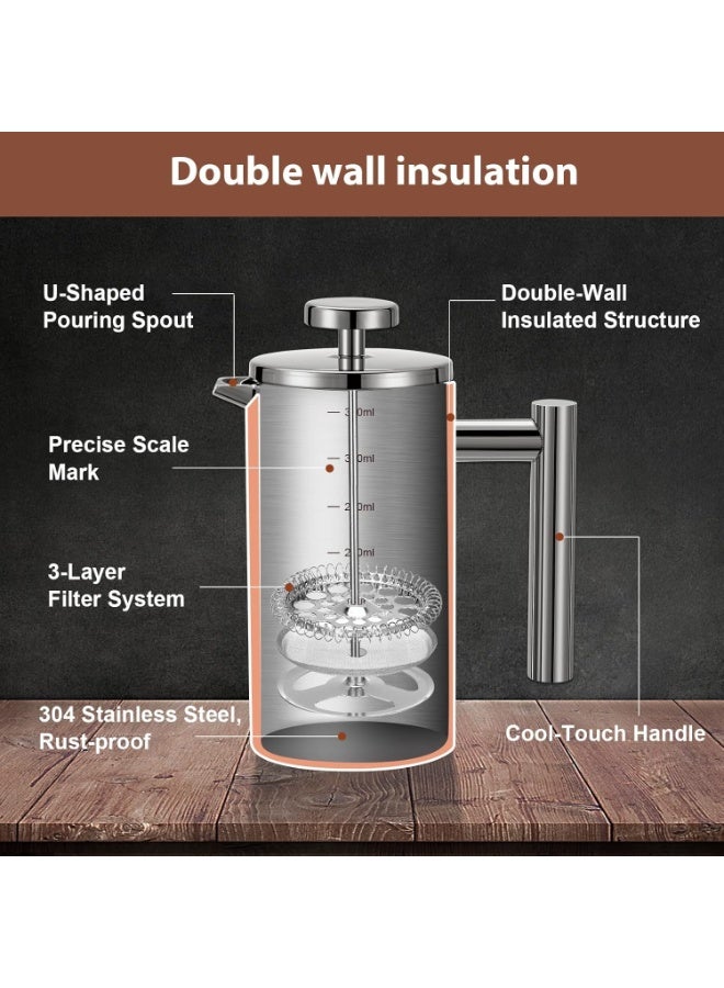 SYOSI Cafetiere French Press, Stainless Steel Coffee Press, 350ml/12oz Double-Wall Coffee Maker with 3-Level Filtration System and 3 Extra Filter Screens for Home, Office, Insulated (Silver) - Image 3