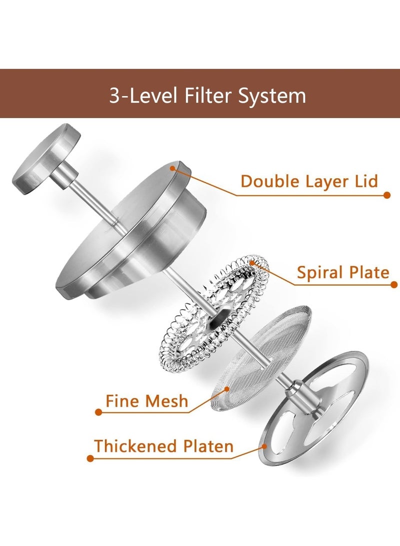SYOSI Cafetiere French Press, Stainless Steel Coffee Press, 350ml/12oz Double-Wall Coffee Maker with 3-Level Filtration System and 3 Extra Filter Screens for Home, Office, Insulated (Silver) - Image 4
