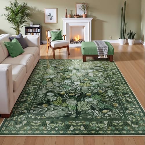 Anidaroel Green Botanical Floral Washable 5x7 Area Rugs, Abstract Large Rugs for Living Room Non-Slip Soft Modern Rugs for Bedroom, Stain Resistant Accent Floor Carpet for Dining Room Entryway - Image 2