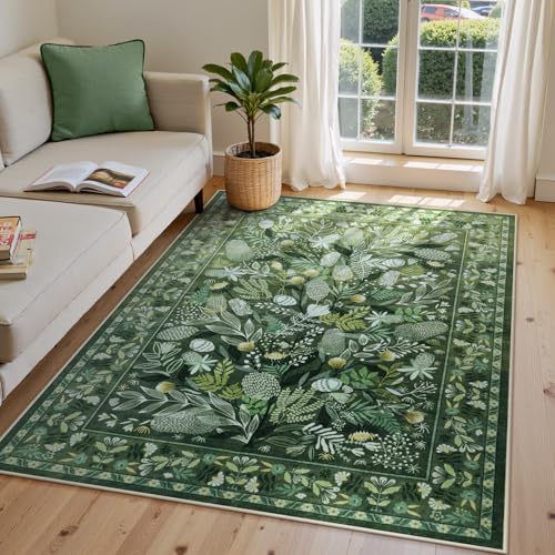 Anidaroel Green Botanical Floral Washable 5x7 Area Rugs, Abstract Large Rugs for Living Room Non-Slip Soft Modern Rugs for Bedroom, Stain Resistant Accent Floor Carpet for Dining Room Entryway - Image 1