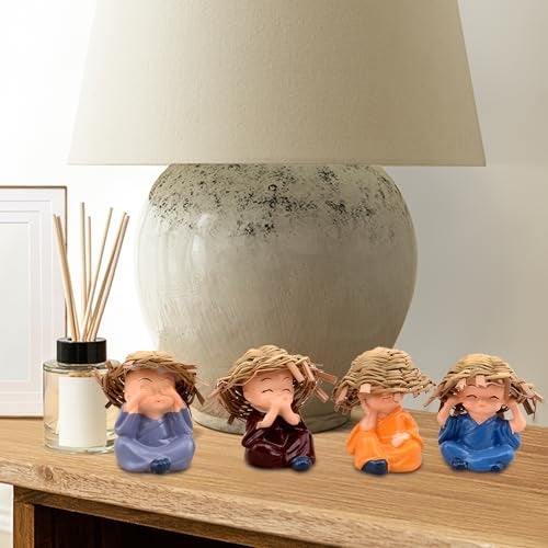 XL Kitchen Polyresin Think No Evil, Speak No Evil, Hear No Evil, See No Evil Set of 4 Baby Monk Buddha Statue with Hat Decorative Showpiece for car Dashboard, Car - Image 2