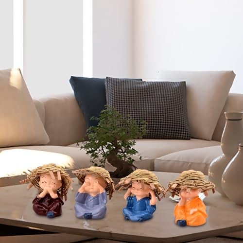 XL Kitchen Polyresin Think No Evil, Speak No Evil, Hear No Evil, See No Evil Set of 4 Baby Monk Buddha Statue with Hat Decorative Showpiece for car Dashboard, Car - Image 1